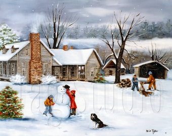 Winter Country Snow Primitive Folk Art Scene Prints - 1930s Snowman Painting, Children Making Snowman, Old Farm House, Men Sawing Wood
