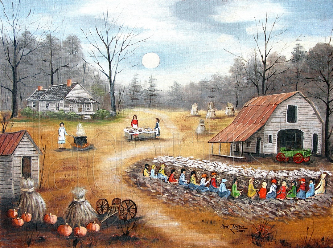 Corn Shucking Print: American Folk Art, Farmhouse Autumn Scene - Etsy