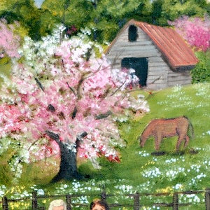 Country Spring Scene Folk Art Print, Tea Party, Pink Trees Dirt Road Mountain Barn Farm House, Arie R Taylor, Picnic, Home Wall Decor Art image 6