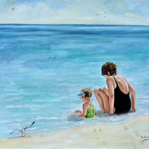 People on Beach artwork, Quiet Time Beach Décor, Beach Scene Original Oil Painting 20 x 24 canvas, Child Toddler Ocean wall art, Grandmother