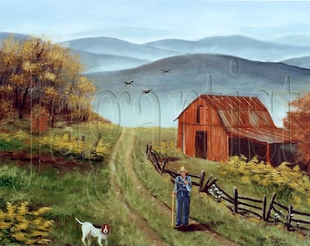 Red Barn Mountain Landscape Folk Art Print, Original Painting, Blue Ridge Mountain, North Carolina, Dirt Road, Old Man with Walking Stick