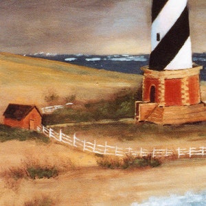 May include: An oil painting of a lighthouse with black and white stripes, a red base, and a small brown building. A white fence runs along the sandy shore. The sky is overcast, and the ocean is visible in the background.