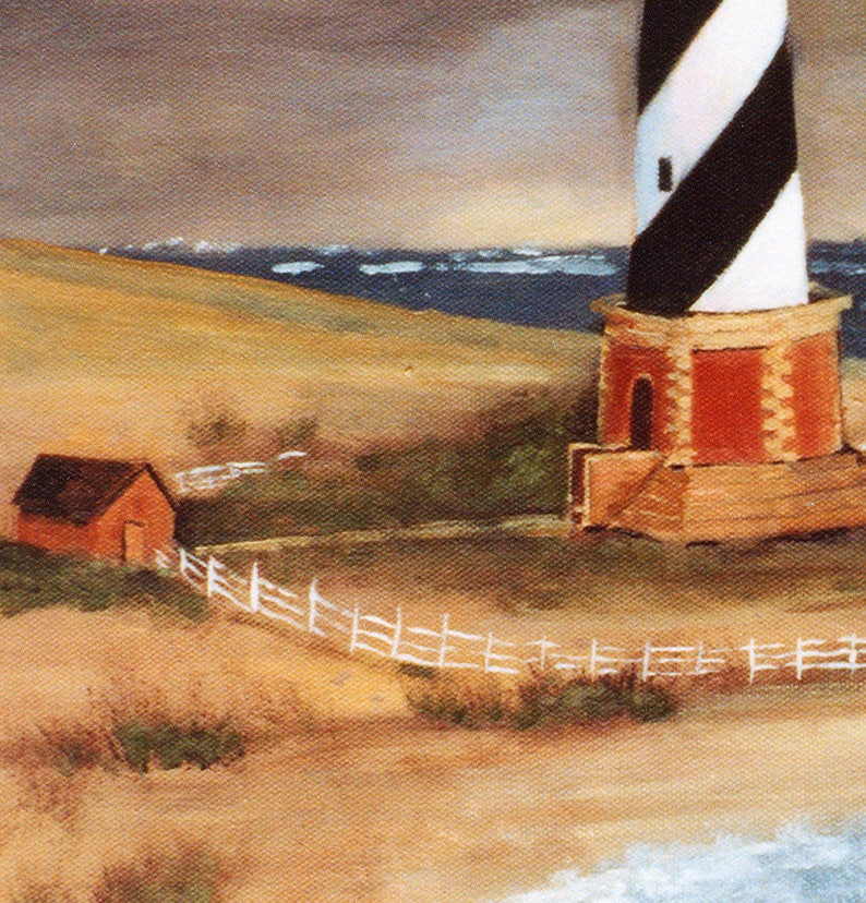 May include: An oil painting of a lighthouse with black and white stripes, a red base, and a small brown building. A white fence runs along the sandy shore. The sky is overcast, and the ocean is visible in the background.