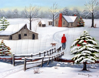 Folk Art Winter Barn Print: Cardinals, Foot Bridge, Snow Scene