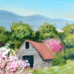 Country Spring Scene Folk Art Print, Tea Party, Pink Trees Dirt Road Mountain Barn Farm House, Arie R Taylor, Picnic, Home Wall Decor Art image 5