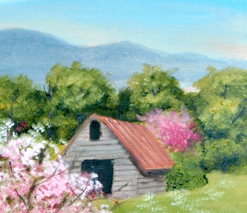 Country Spring Scene Folk Art Print, Tea Party, Pink Trees Dirt Road Mountain Barn Farm House, Arie R Taylor, Picnic, Home Wall Decor Art image 5