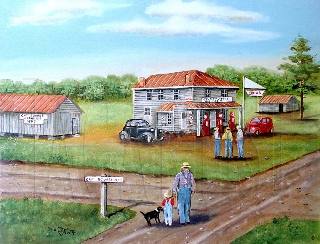 Country Scene Folk Art Print Dirt Road Primitive Art Original Etsy Sweden
