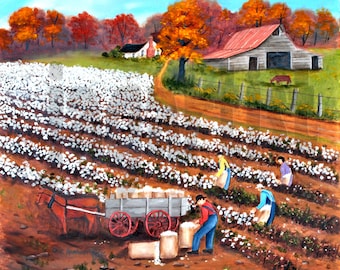 Southern Cotton Field America Primitive Folk Art Landscape Print Autumn Fall Gray Wagon Horse Cotton Pickers