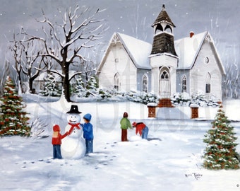 Folk Art Print Winter Original Country Church Children making Snowman, Primitive art, Startown Newton NC, North Carolina Churches