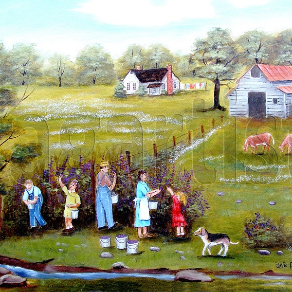 Country Scene Picking Blackberries, Basset Hound, Clothes Line Barn Farm House, Folk Art Print Arie Reinhardt Taylor, Cows in Pasture Art