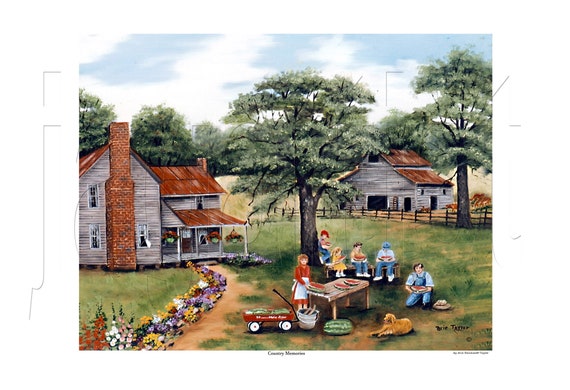 Folk Art Print: Summer Watermelon Harvest, Country Landscape by