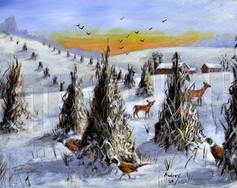 Winter Wildlife Art Print: Deer, Pheasant, Snow Country Scene