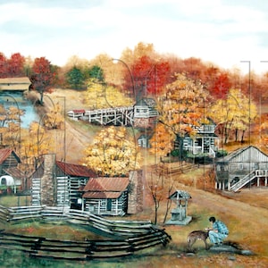 Fall Folk Art Original Print Hart Square Autumn North Carolina Log Cabins Village, Home Wall Decor Art Gifts for Her Him, Dr. Hart with deer