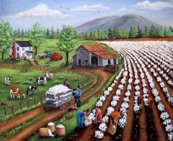 Southern Americana Cotton Field Landscape Print: Folk Art Wagon