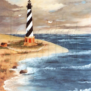 May include: A painting of a black and white striped lighthouse on a sandy shore, with a small red building and white fence. The ocean waves crash against the beach, and two seagulls fly in the sky. The artwork is signed by the artist.