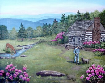 Folk Art Log Cabin Prints, Blue Ridge Mountain Original Painting - Rhododendron, Old Man, Dog, Deer, North Carolina,