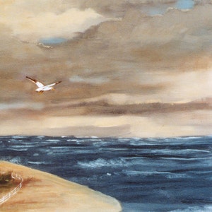 May include: An oil painting depicts a coastal scene with a seagull in flight. The artwork features a sandy beach, a white fence, and dark blue ocean waves under a cloudy sky. The color palette includes shades of brown, blue, and white.