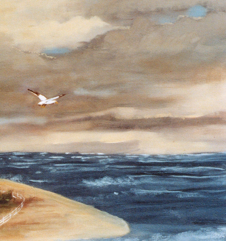 May include: An oil painting depicts a coastal scene with a seagull in flight. The artwork features a sandy beach, a white fence, and dark blue ocean waves under a cloudy sky. The color palette includes shades of brown, blue, and white.