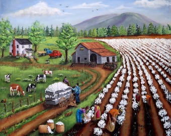 Folk Art Cotton Field Print: Southern Americana Farm Scene, Cows, Barn (2024)