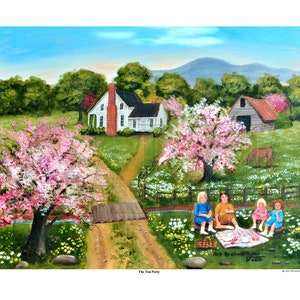 Country Spring Scene Folk Art Print, Tea Party, Pink Trees Dirt Road Mountain Barn Farm House, Arie R Taylor, Picnic, Home Wall Decor Art image 9