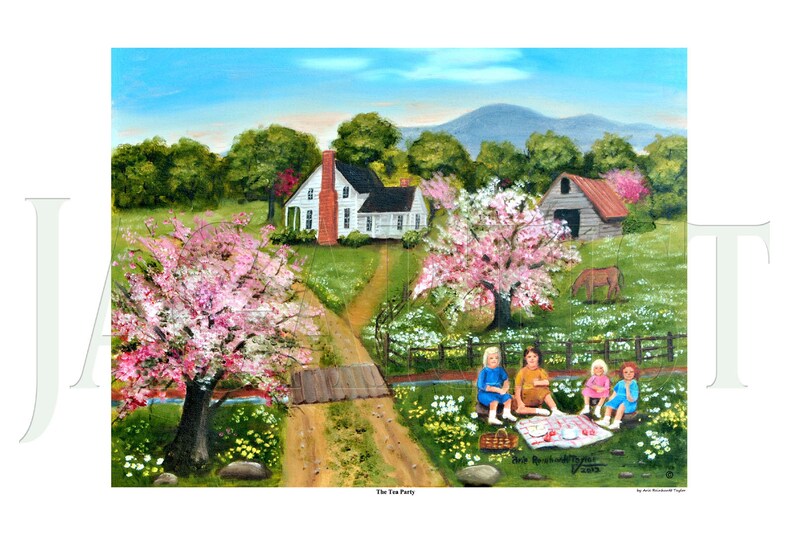 Country Spring Scene Folk Art Print, Tea Party, Pink Trees Dirt Road Mountain Barn Farm House, Arie R Taylor, Picnic, Home Wall Decor Art image 9