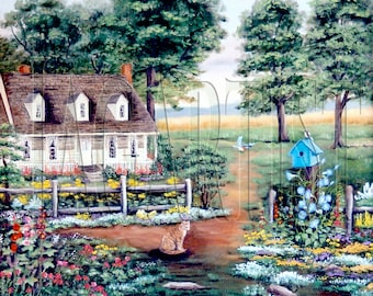 May include: A painting of a quaint country house with a brown roof, white siding, and a porch. A cat sits on a path leading to the house, surrounded by a wooden fence and colorful flowers. A blue birdhouse and trees are in the background.