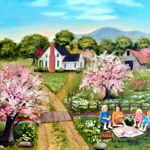 Country Spring Scene Folk Art Print, Tea Party, Pink Trees Dirt Road Mountain Barn Farm House, Arie R Taylor, Picnic, Home Wall Decor Art image 1