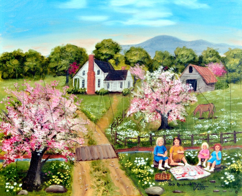 Country Spring Scene Folk Art Print, Tea Party, Pink Trees Dirt Road Mountain Barn Farm House, Arie R Taylor, Picnic, Home Wall Decor Art image 1