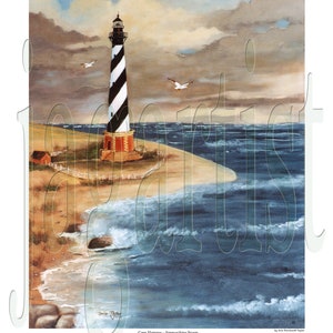 May include: An artistic painting of Cape Hatteras featuring a black and white striped lighthouse on a sandy beach. The artwork depicts a stormy sky, ocean waves, and two seagulls in flight. The painting is signed by the artist.