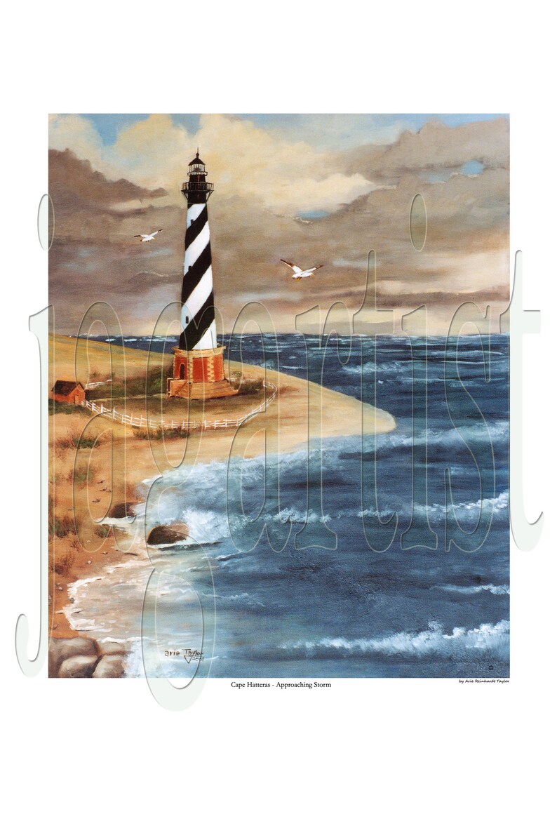 May include: An artistic painting of Cape Hatteras featuring a black and white striped lighthouse on a sandy beach. The artwork depicts a stormy sky, ocean waves, and two seagulls in flight. The painting is signed by the artist.