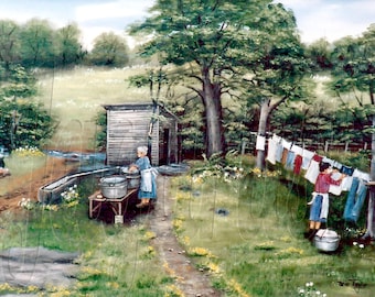 Vintage Folk Art Print: 1920s Laundry Day Country Scene