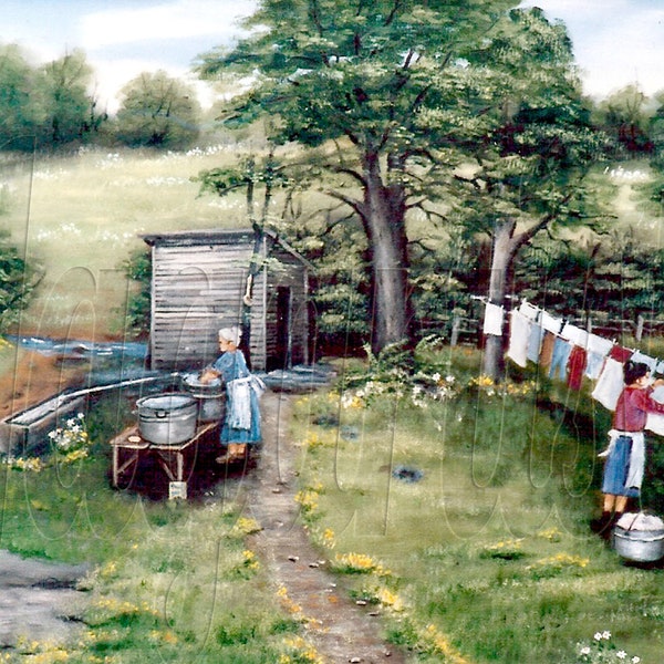 Landscape Vintage Clothes Line Folk Art Country Scene 1920s Spring House, Washing Laundry Day, 11x14 8x10 12x16 5x7 Folk Art Prints, Gifts