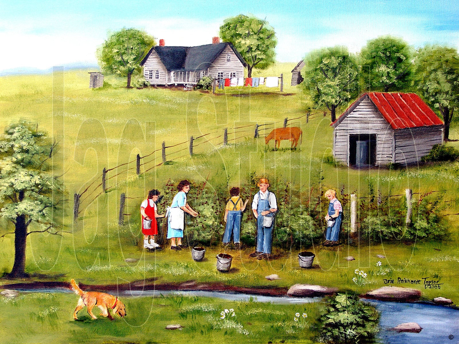 Original American Folk Art Prints Children Picking Blackberries Clothes
