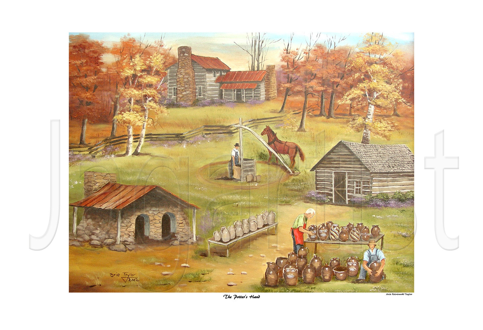 Americana Folk Art Pottery Print: Autumn Scene, North Carolina 