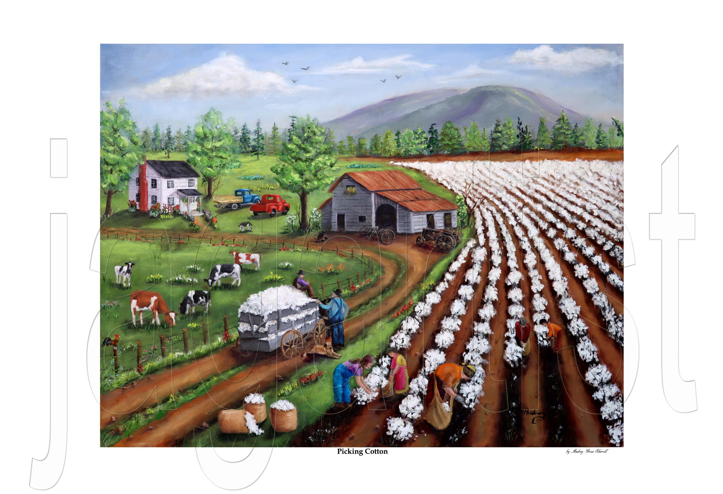 Southern Americana Cotton Field Landscape Print: Folk Art Wagon