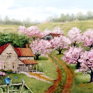 Spring Folk Art Print, Peach Apple Orchard, Pink Trees Old Farm House, Dirt Road, Blue Birds, Country Landscape Scene