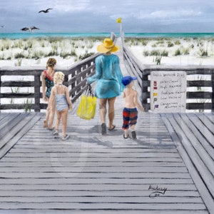 A Day at the Beach Kids Children Oil Painting Print, Florida Beach Prints Ocean Scene, Pier on Beach, Wall Art Home Decor Gift for Her Him