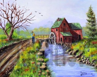 Folk Fine Art oil painting 11 x 14 Stretched Canvas Art, Wall Home Decor, Grist mill