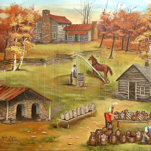 May include: An autumn landscape painting depicts a rural scene with several log cabins, a well with a horse, and a pottery stand. The painting features warm colors, with trees in shades of orange and yellow, and a field of green.