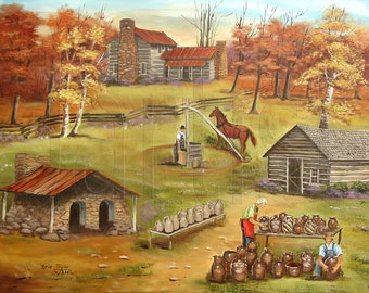 May include: An autumn landscape painting depicts a rural scene with several log cabins, a well with a horse, and a pottery stand. The painting features warm colors, with trees in shades of orange and yellow, and a field of green.