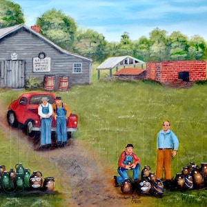 May include: An oil painting depicts a rural scene with a red car, a wooden barn, and several people. A collection of brown and green pottery jugs are in the foreground. The painting has a rustic, folk art style, with a focus on the outdoor setting.