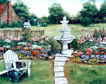Folk Art Print: Summer Cottage Garden with Cat and Bird Bath with Flowers