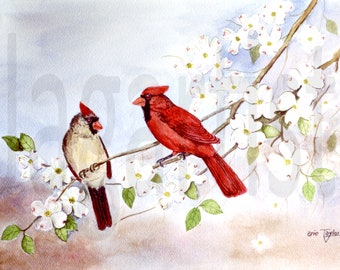 Cardinal Watercolor Prints, Song Birds Print, Dogwood Art, Red Bird Fine Art, Folk art birds, Gifts for Her, Home Art Wall Decor