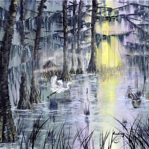 Florida Swamp, White Bird, Alligator, Egret,  Folk Fine Art Prints, Wall Art Home Decor, Gifts