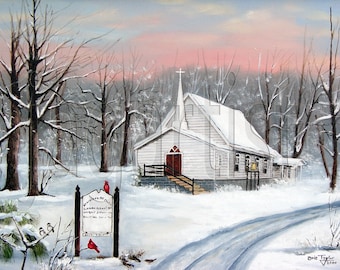 Winter Church Snow Scene Art Print: North Carolina Folk Art