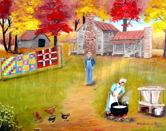 Southern Folk Art Print, Making Lye Soap, Quilts Farm House Autumn Landscape Country Scene, Home Decor Gifts Wall Art, Arie Reinhardt Taylor