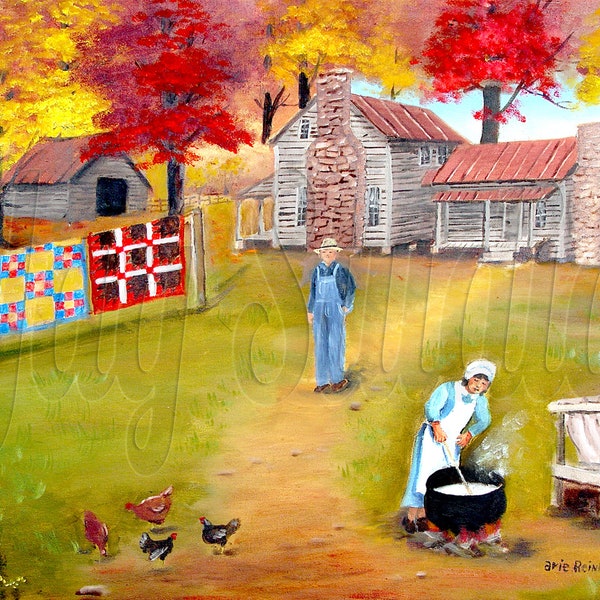 Southern Folk Art Print, Making Lye Soap, Quilts Farm House Autumn Landscape Country Scene, Home Decor Gifts Wall Art, Arie Reinhardt Taylor