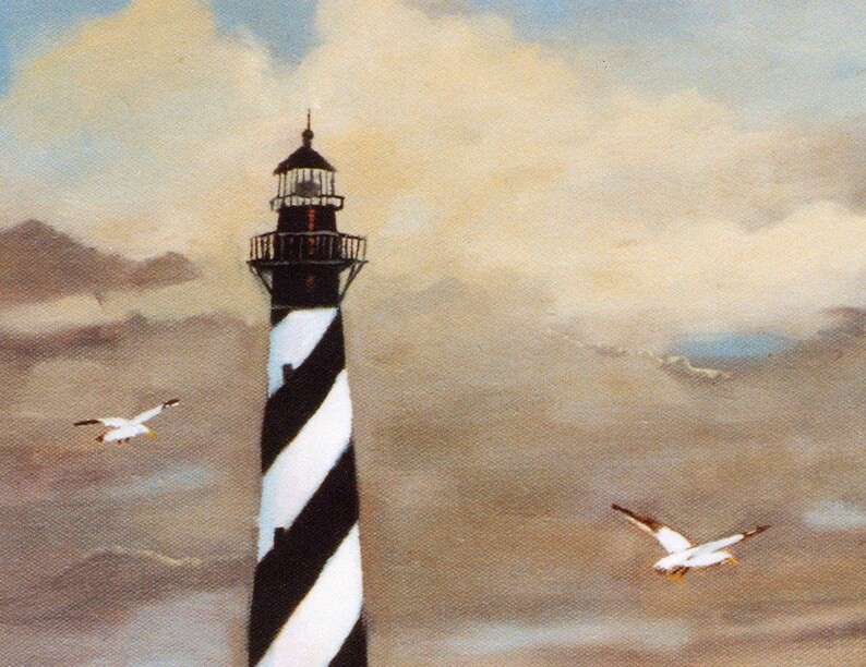May include: An oil painting of a tall lighthouse with black and white diagonal stripes. Two seagulls fly in the cloudy sky. The lighthouse is topped with a black lantern room and a small spire. The painting has a vintage, coastal theme.