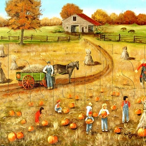 May include: A colorful painting depicts a fall harvest scene. A farmer stands with a horse and cart filled with hay. Children gather pumpkins in a field. A barn and trees are in the background. A scarecrow stands in the field.