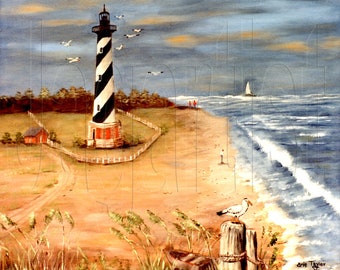 May include: An oil painting of a coastal scene featuring a lighthouse with black and white stripes. The artwork depicts a beach with a small red building, a sailboat, and several seagulls in the sky. The painting has a vintage aesthetic.
